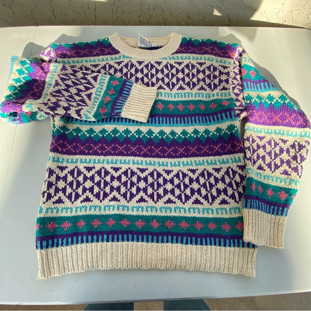 Icelandic Design Silk Cotton Sweater Fair Isle Knit Made in Hong Kong Medium Box